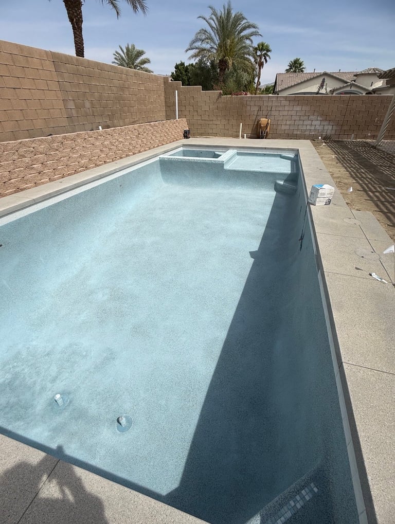 Empty backyard swimming pool with light blue interior, surrounded by beige brick walls and palm trees in sunny residential area