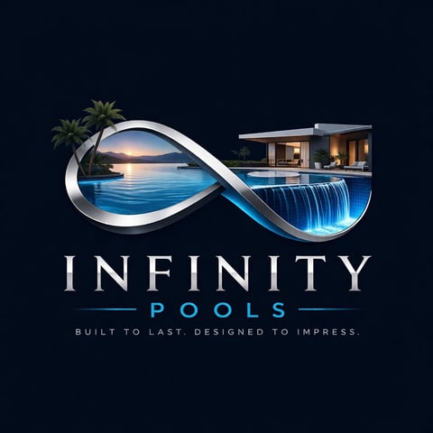 Infinity Pools logo featuring an infinity symbol with serene water scenes, palm trees, and modern pool design on dark background
