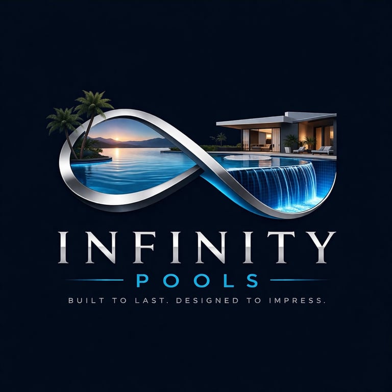Infinity Pools logo featuring an infinity symbol with serene water scenes, palm trees, and modern pool design on dark background