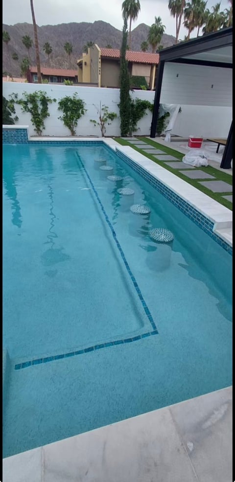 Empty lap pool with lane dividers and circular jets in a residential backyard, palm trees and desert mountains visible behind white fence